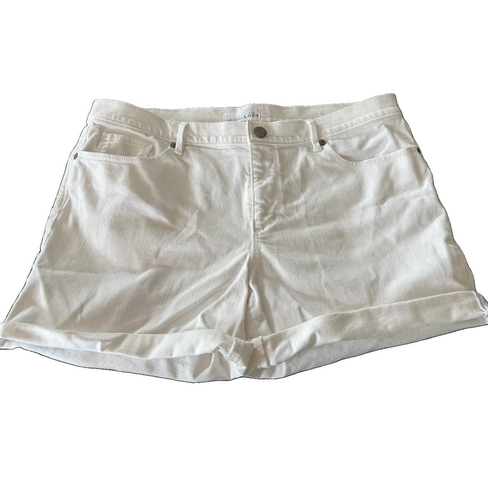 LOFT Ann Taylor White Denim Jean Shorts Women's Size 12 Mid Rise Rolled Cuff - Picture 1 of 6